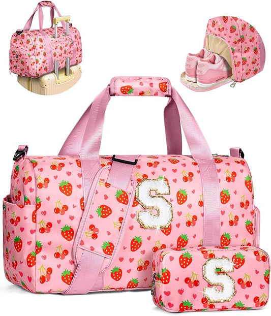 Cute Gifts for Girls, Travel Duffle Bag for Kids, Initial Overnight Sleepover Weekender Bag with Toiletry Bag, Birthday Valentine Gift Ideas for 4-8, 8-12, 13-16 Year Old Girls, Trendy Stuff