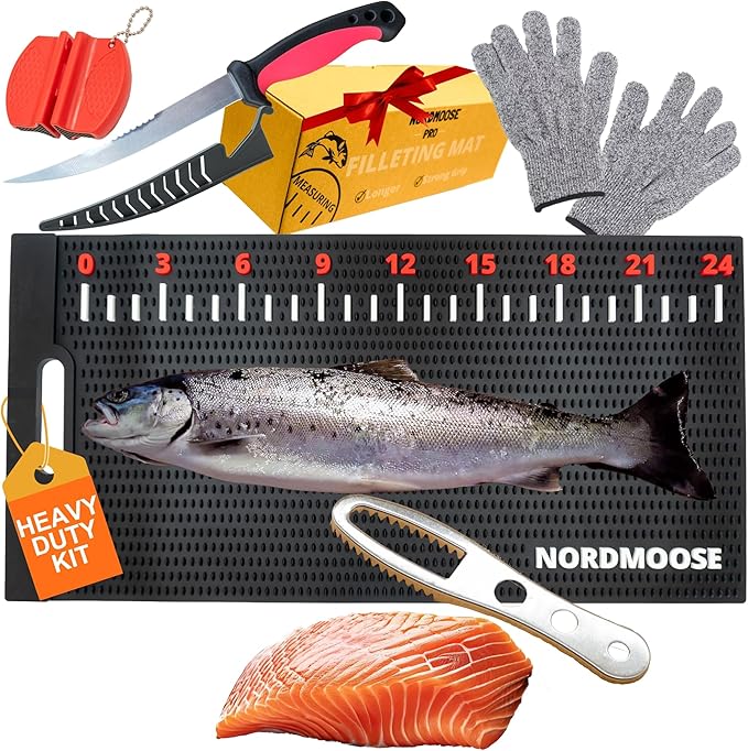 Fish Fillet Mat Kit with Fish Ruler Decal and Fillet Knife, Cutting Gloves. Large 28"x14" Nonslip Fish Cleaning Mat that Grips the Fish - Durable & Easy to Clean, Portable Fish Cutting Board