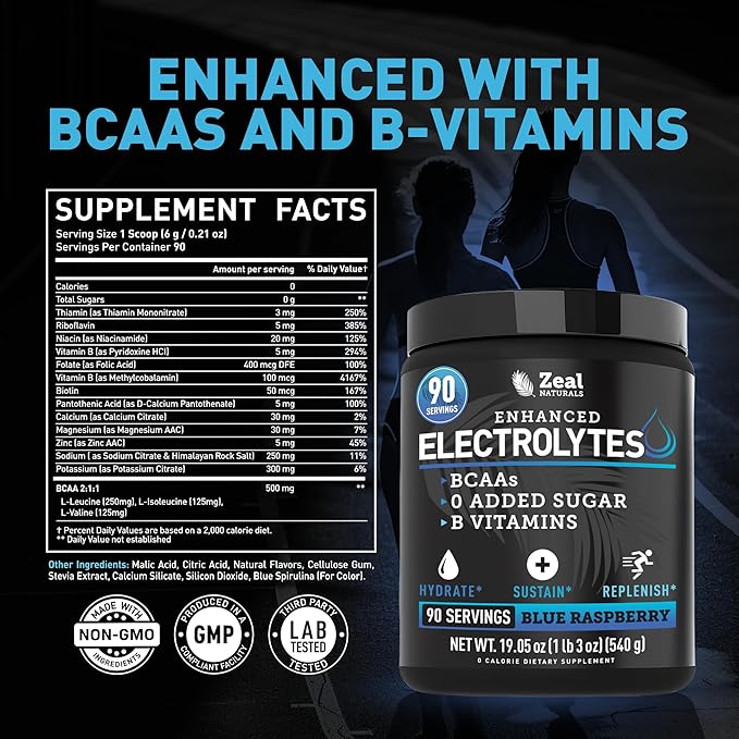 Zeal Electrolyte Powder - 90 Servings | Keto Electrolytes Powder | Zero Sugar, BCAAs, B-Vitamins | Potassium, Zinc, Magnesium | Hydration Powder Recovery Drink | Blue Raspberry