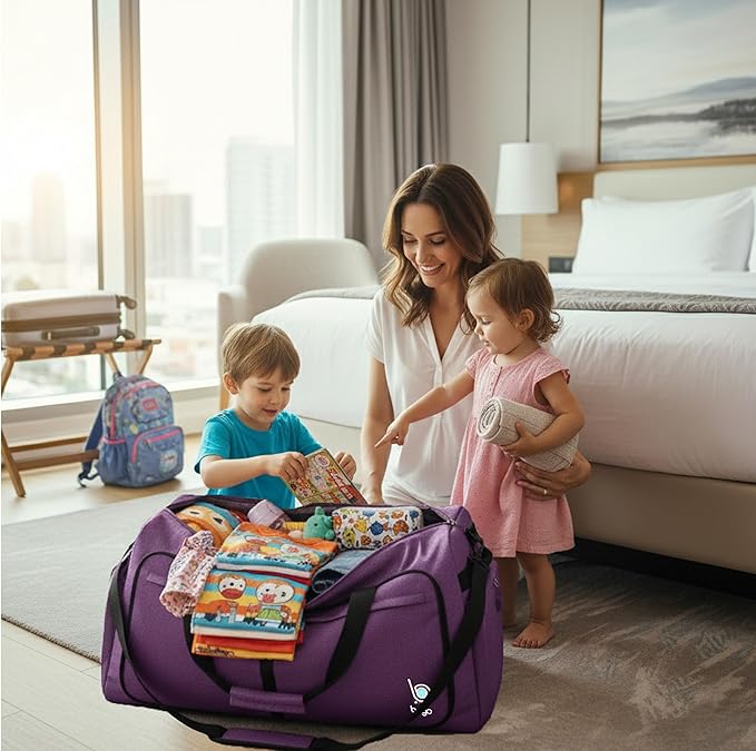 Bago Large Foldable Duffel Bags for Traveling Women & Men - 100L Packable Duffle Bag for Travel with Shoe Compartment - Water Repellant, Heavy Duty, Lightweight Folding & Collapsible (SnowDepPurple)