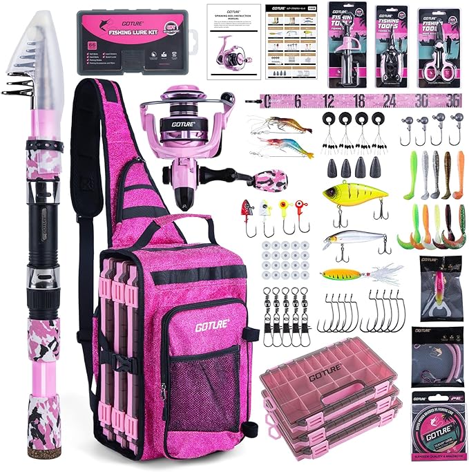 Goture Fishing Rod and Reel Combo - Green Telescoping Fishing Pole Portable Travel Kit with Carrier Bag for Freshwater Saltwater