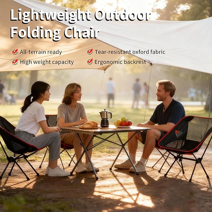 Lightweight Backpacking Folding Chair with Carry Bag,Stable and Sturdy Camping Chairs with Back Support, Fishing, Hiking and Beach Activities (Low backrest, Black and red, S)