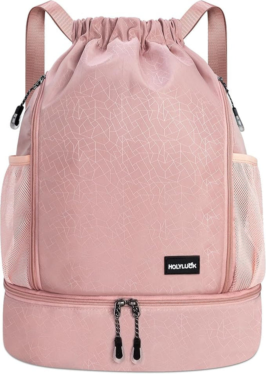 HOLYLUCK Drawstring Backpack with Shoe Compartment, Gym Bag Backpack for Women Men, Cinch Swim Beach Bag String Sports Bag for Soccer and Basketball, Pink