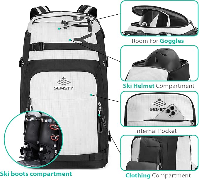 Ski Boot Bag, 55L/70L Waterproof Ski and Snowboard Boots Travel Backpack for Skis, Snowboard, Ski Helmet, Goggles, Gloves & Accessories
