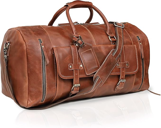 24 Inch Leather Duffle Bags for Men Large Full-Grain Buffalo Leather Overnight Gym Bag, Luggage Weekend Travel Bag for Men & Women, Carry On Airplane Cabin Bag with Shoe Compartment
