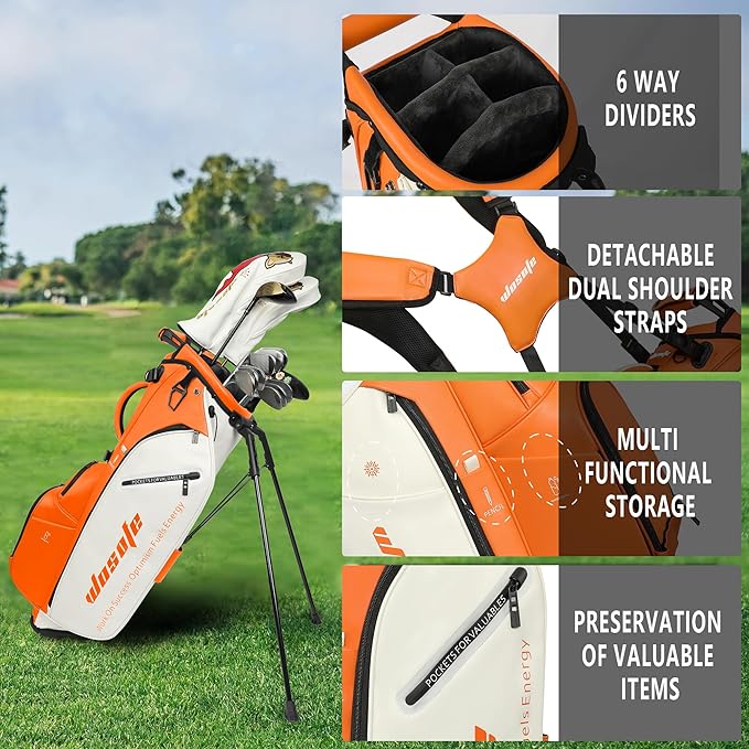 WOSOFE PU Golf Bag with 6/14 Way Top Dividers Automatically Adjustable Dual Straps Elegant Design for Men Women Pu Golf Stand Bag with Multiple Pockets