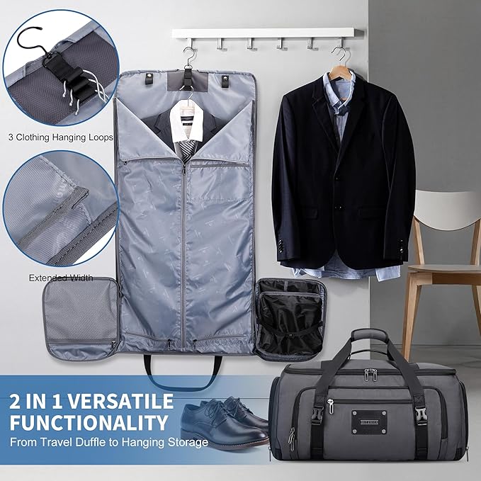 WITZMAN Mens Garment Duffle Bags for Travel Convertible Carry-on Suit Garment Bag for Men Hanging Clothes with Shoe Compartment（B724 Silvery Grey）