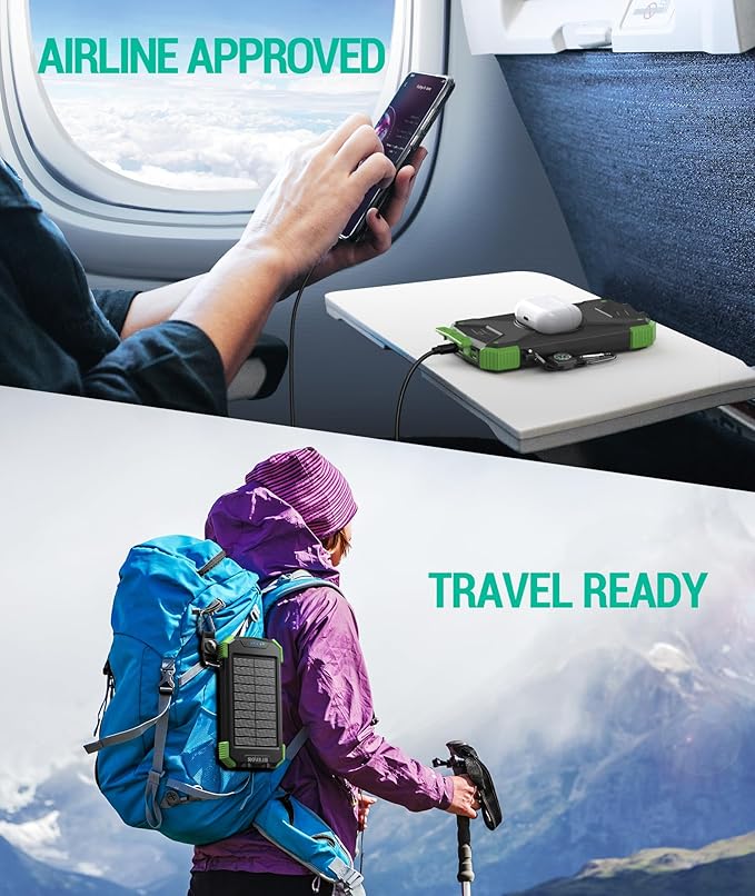 BLAVOR Solar Power Bank 10,000mAh, Portable Wireless Charger, 20W Fast Charging External Battery Pack with USB C for Cell Phones, Solar Panel Charging with Dual Flashlight for Camping