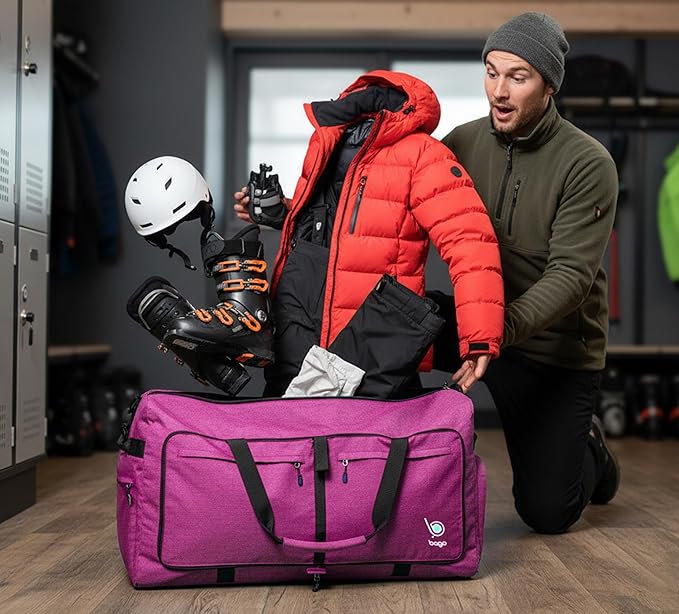 Bago Large Foldable Duffel Bags for Traveling Women & Men - 100L Packable Duffle Bag for Travel with Shoe Compartment - Water Repellant, Heavy Duty, Lightweight Folding & Collapsible (SnowPink)