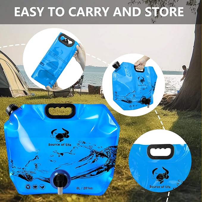 Collapsible 8L Water Storage Bag, BPA-Free Portable Folding Water Jug with Adjustable Faucet, Leakproof Emergency Water Bag for Camping, Hiking, Riding, Outdoor Sport (4, Blue)
