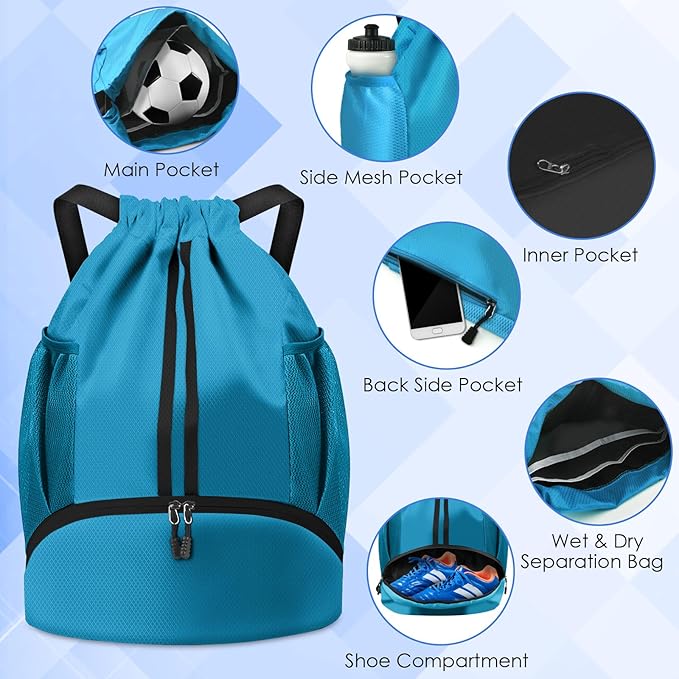 BROTOU Soccer Bags, Football Backpack, Volleyball Bag, Drawstring Backpack with Ball and Shoe Compartment, Football bags for Equipment Swim Gym Bag