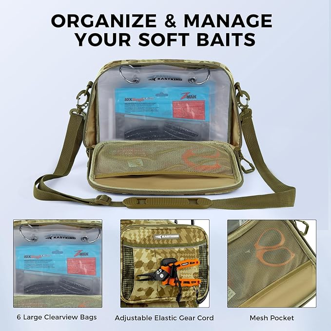 KastKing BaitSpace Detachable Bait Binder Tackle Bag – Large Clear Sleeves, Durable 900D Water-resistant Fabric, Soft Plastic Bait Storage For Hooks, Sinkers & Fishing Accessories