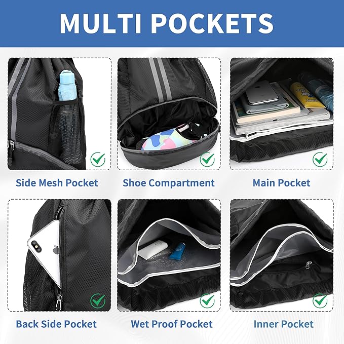 Drawstring Backpack Gym Bag with Shoes Compartment for Soccer, Basketball, Swim, Water-Resistant String Backpack Beach Cinch for Women Men, Black, Medium