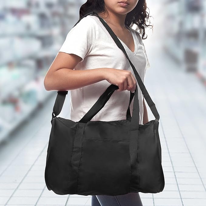 6 Sporty Duffle Bags Set - Polyester, Adjustable Strap, Front Pocket, Roll Styling - Black