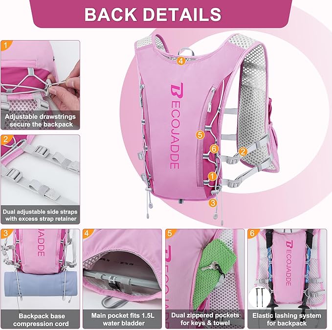 BECOJADDE Running Vest Hydration Backpack for Men Women, 5L Lightweight Running Backpack Hydration Pack for Marathon, Trail, Cycling, Hiking, Jogging