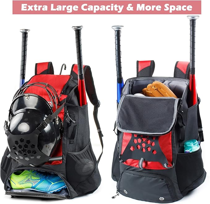 Baseball Backpack for Youth, Boys, Adults - Bat and Softball Equipment Bag With Glove Holder, Helmet, Shoes Compartment - T-Ball Accessories and Baseball Gifts
