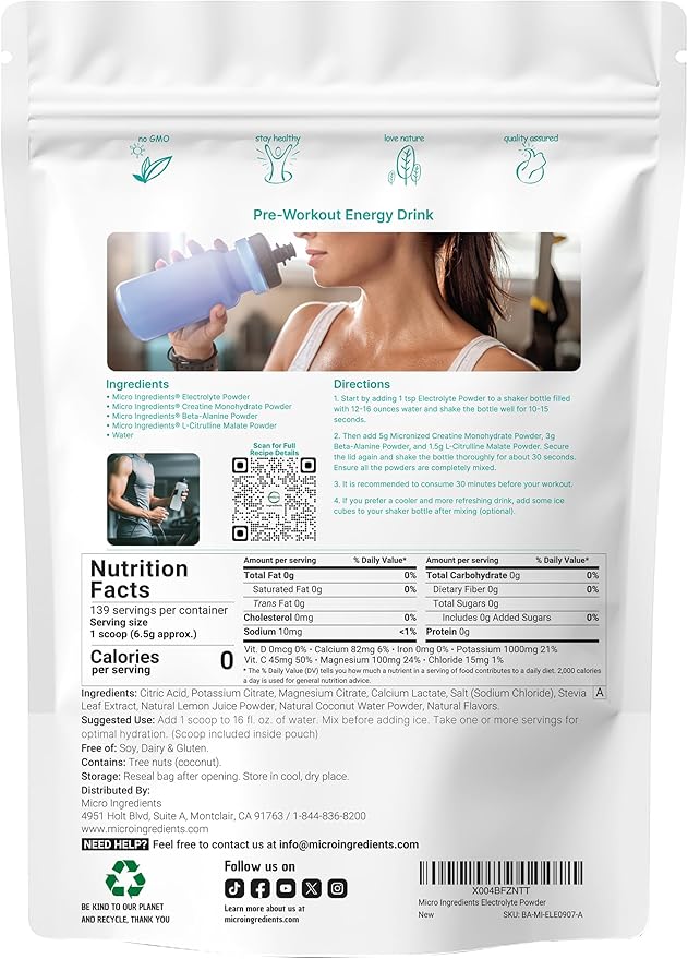 Micro Ingredients Electrolyte Powder, 2 lbs (139 Servings) | Lemon Raspberry Flavor | High Potassium (1,000mg) + Coconut Water & Real Lemon Juice | No Sugar, Keto Friendly | Non-GMO