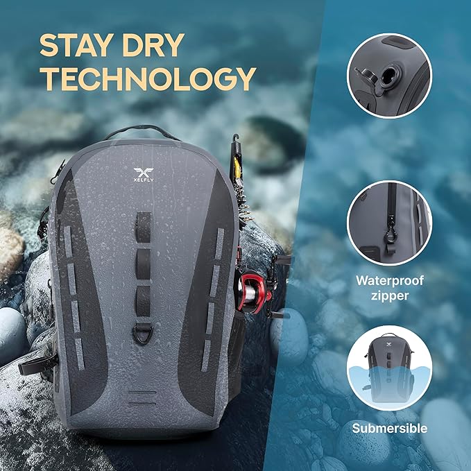 Xelfly Waterproof Fishing Backpack G2 with Rod Holder, Inflatable Air Valve, Padded Waist Straps & Gear Loops - Submersible Zipper, Rugged Top Handle, Adjustable Attachments (Gray)