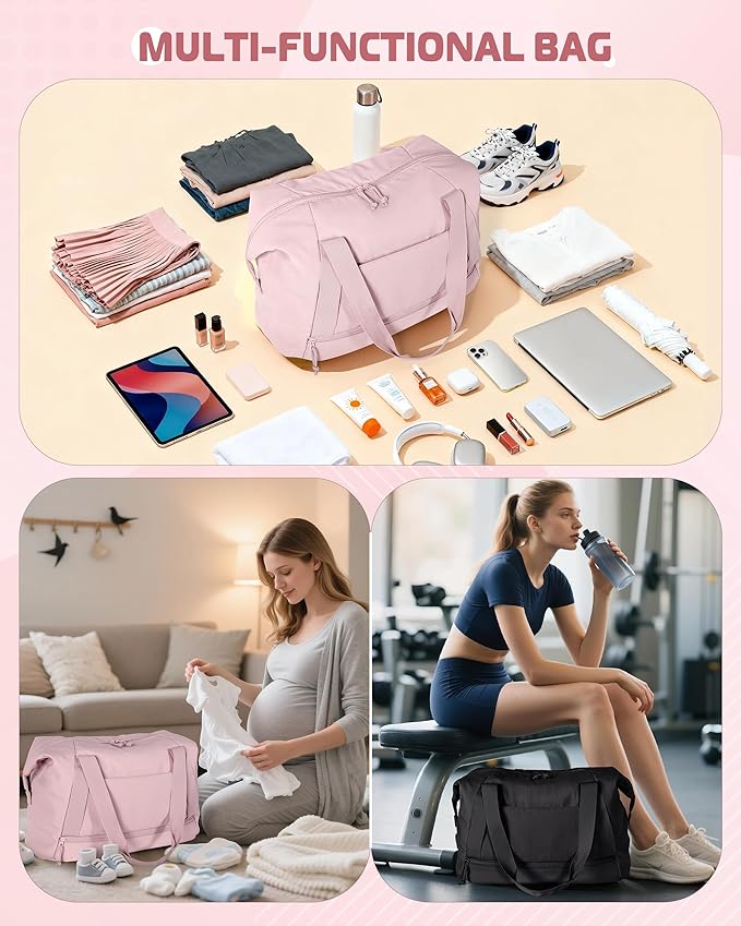 Travel Duffle Bag with Shoe Compartment and Laptop Sleeve for Women, Lightweight Weekender Duffel Bag for Travel, Gym, Hospital Labor Delivery, Pink