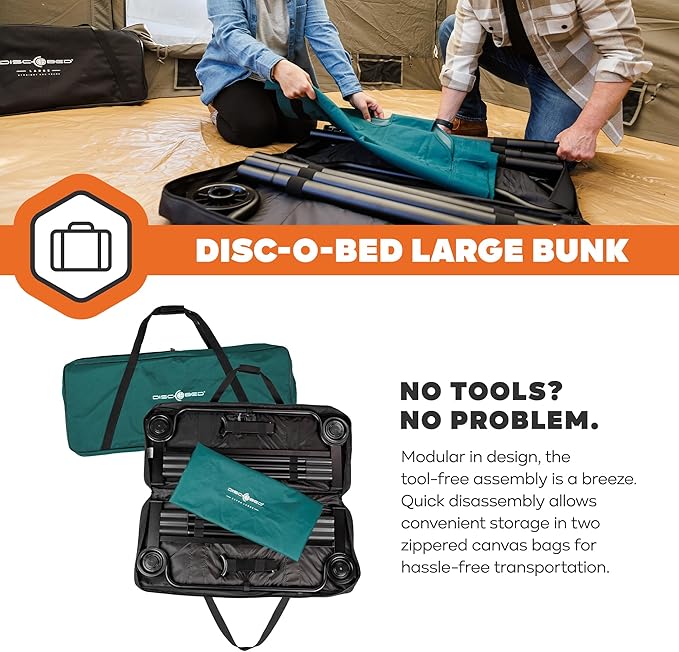 Disc-O-Bed Large Outdoor Convertible 2 Person Bench and Double Camping Cot Portable Bed Bunk System for Adults, Green