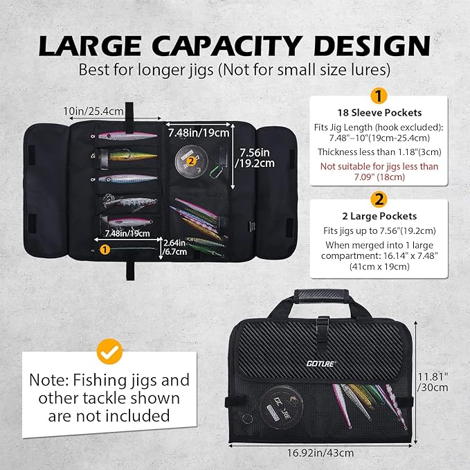 Goture Fishing Jig Bag,20 Mesh Pockets Portable Water-Resistant 600D PU Fishinig Lure Bag Saltwater Freshwater Suitable For Max 10" Length Vertical Jig Slow Pitch Jigging Bait Storage (16.92"x11.81")