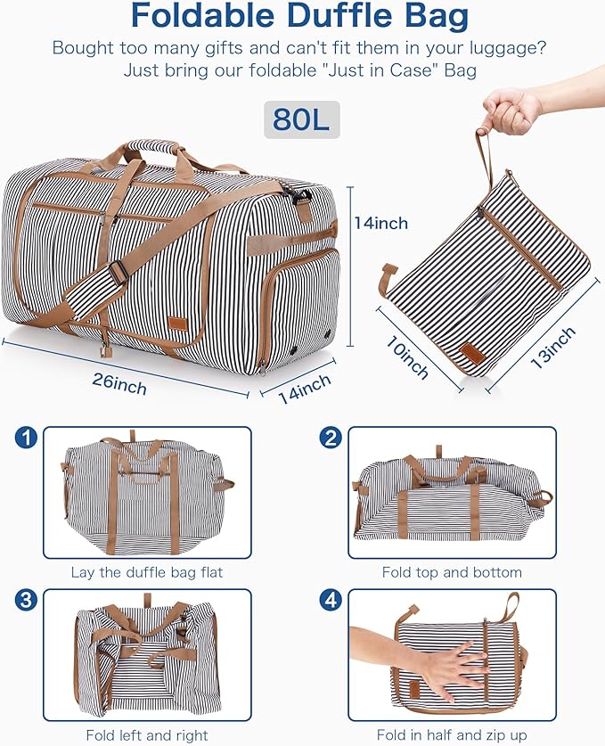 80L Large Duffle Bag for Travel, 26” Travel Duffel Bag with Shoe Compartment, Foldable Collapsible Overnight Bag Gym Bag Weekender Bags for Men Women, Water & Tear Resistant (Stripe, 80L)