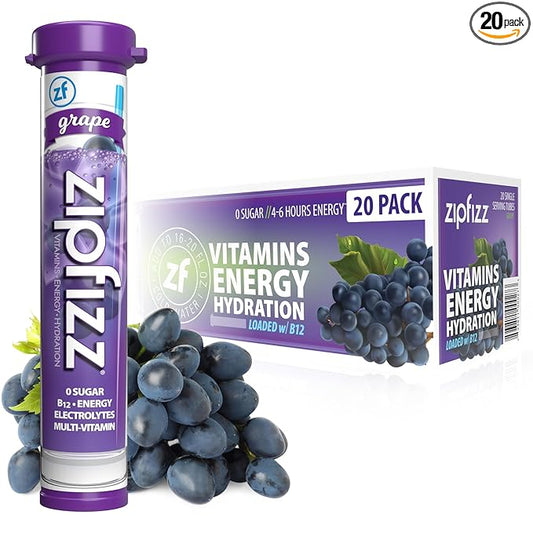 Zipfizz Daily Energy Drink Powder, Grape, 20 Pack | 3-in-1 Sustained Energy, Rapid Hydration, and Essential Vitamins | Sugar-Free | Electrolyte Powder | Contains Vitamin B-12 & Antioxidants