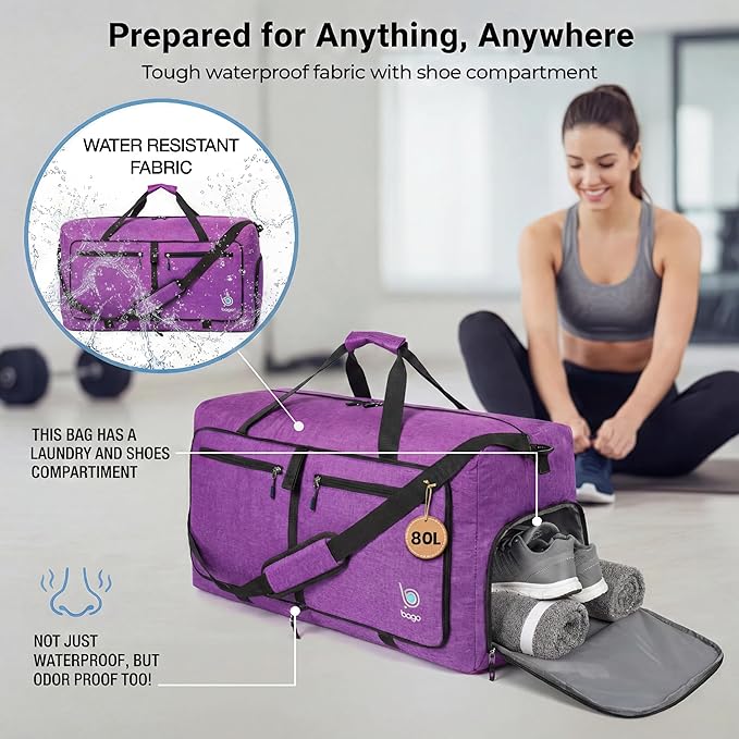 Bago Large Foldable Duffel Bags for Traveling Women & Men - 80L Packable Duffle Bag for Travel with Shoe Compartment - Water Repellant, Heavy Duty, Lightweight Folding & Collapsible (SnowDepPurple)