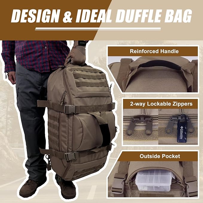 55L Large Travel Gym Duffle Bag Military Tactical Backpack, Army Pack 3 Day Bug Out Bag Rucksack for Outdoor Sport Hiking Camping with Molle System, Coyote
