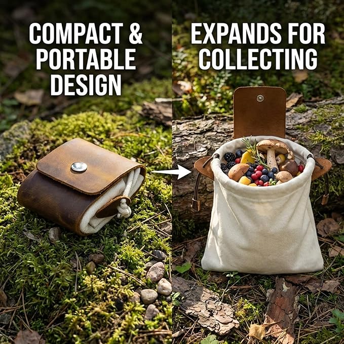 Toprank Leather Foraging Pouch – Collapsible Canvas and Leather Belt Bag for Hiking, Mushroom, Rock & Shell Collecting (Camel/Off-White)