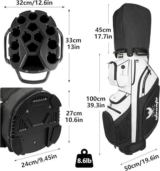 14 Way Full-Length Divider Top Men Golf Cart Bag, Fixed Slots Clubs Organized Premium Oxford Cloth Women 13 Pockets Black Blue Green Golf Bag with 3 Handles Cooler Rain Cover