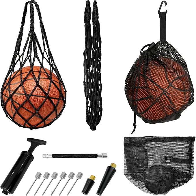 4 Pcs Single Basketball Bag Mesh Drawstring Volleyball Socce Bag Lightweight Net Storage with Zipper Pocket (Two Styles) for Suitable for Carrying Sports Balls Includes Ball Pump Set
