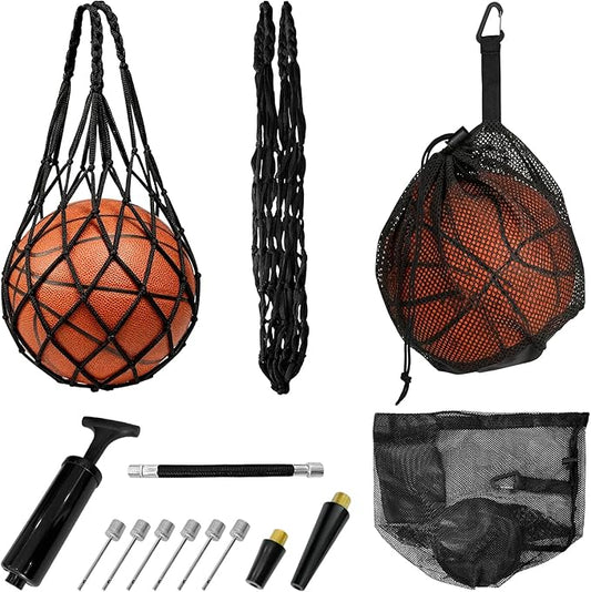 4 Pcs Single Basketball Bag Mesh Drawstring Volleyball Socce Bag Lightweight Net Storage with Zipper Pocket (Two Styles) for Suitable for Carrying Sports Balls Includes Ball Pump Set