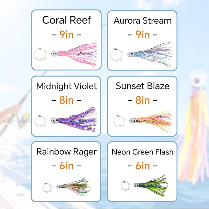 Set of 10 Pcs 9/8/6 Inch Trolling Lures - Marlin Tuna Mahi Wahoo Big Game Squid Skirted Deep Sea Offshore Fishing Lures Included Durable Hard Case