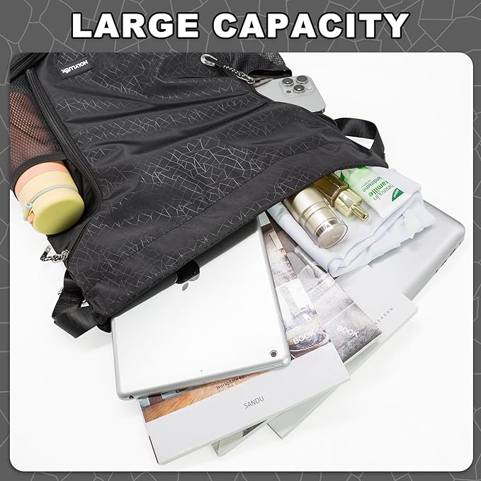 HOLYLUCK Drawstring Backpack with Shoe Compartment, Gym Bag Backpack for Men Women, Cinch Swim Beach Bag String Sports Bag for Soccer and Basketball, Black