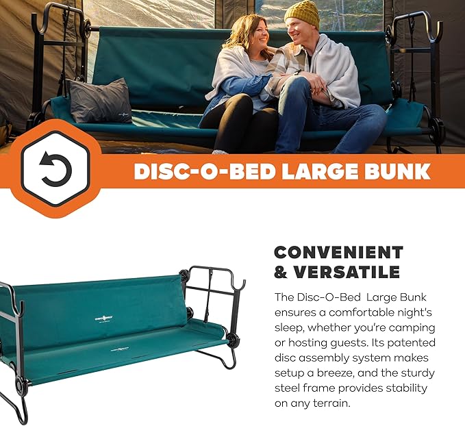 Disc-O-Bed Large Outdoor Convertible 2 Person Bench and Double Camping Cot Portable Bed Bunk System for Adults, Green
