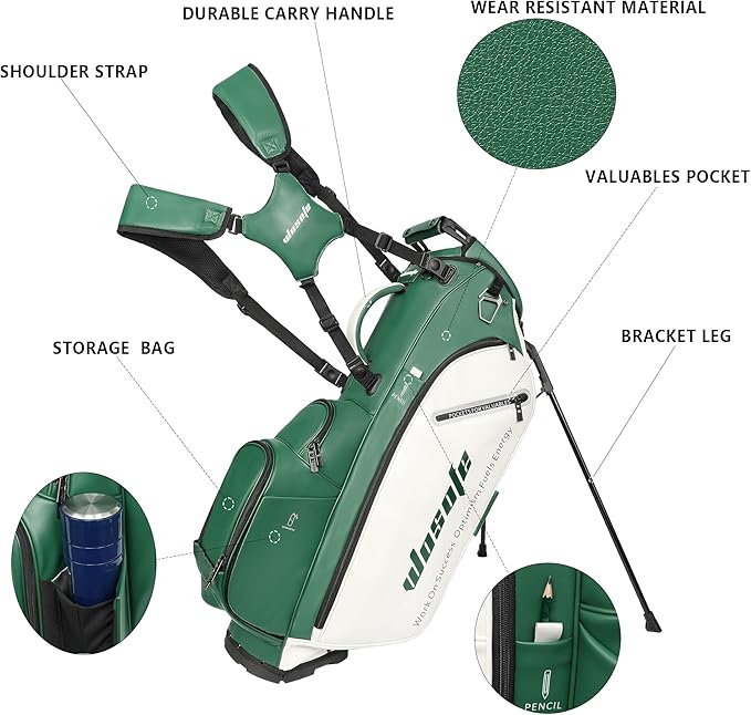 WOSOFE PU Golf Bag with 6/14 Way Top Dividers Automatically Adjustable Dual Straps Elegant Design for Men Women Pu Golf Stand Bag with Multiple Pockets