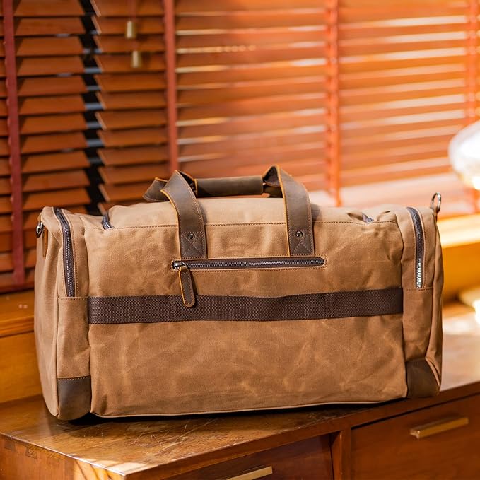 Polare 23” Waxed Canvas Cowhide Leather Waterproof Travel Duffel Bag Trim Luggage Weekender Overnight Carry on Hand Bag