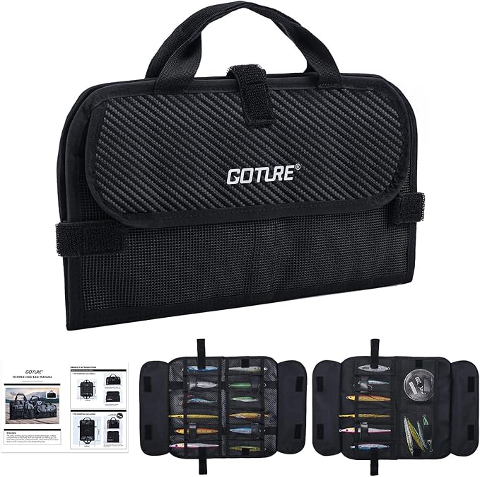 Goture Fishing Jig Bag,20 Mesh Pockets Portable Water-Resistant 600D PU Fishinig Lure Bag Saltwater Freshwater Suitable For Max 5.7" Length Vertical Jig Slow Pitch Jigging Bait Storage (12.99"x7.09")