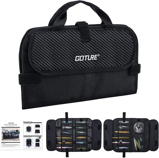 Goture Fishing Jig Bag,20 Mesh Pockets Portable Water-Resistant 600D PU Fishinig Lure Bag Saltwater Freshwater Suitable For Max 5.7" Length Vertical Jig Slow Pitch Jigging Bait Storage (12.99"x7.09")