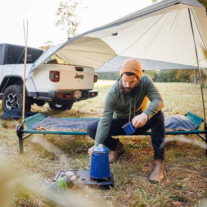 Disc-O-Bed Large Outdoor Convertible 2 Person Bench and Double Camping Cot Portable Bed Bunk System for Adults, Green