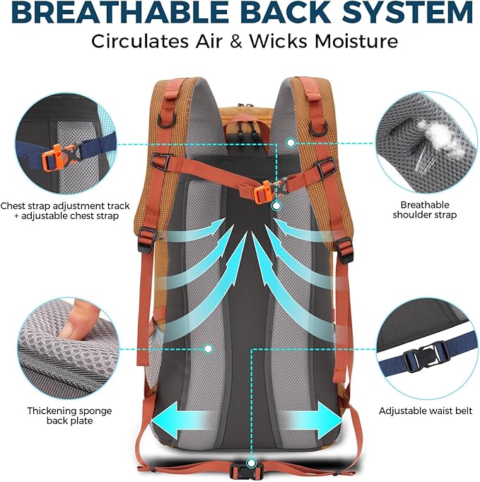 Bseash 45L Waterproof Hiking Camping Backpack with Rain Cover, Outdoor Sport Travel Bag Daypack for Climbing Skiing Cycling (Orange)