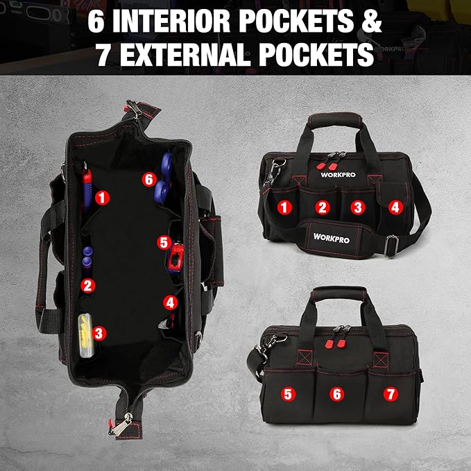 WORKPRO 14-inch Tool Bag, Multi-pocket Tool Organizer with Adjustable Shoulder Strap, W081021A , black