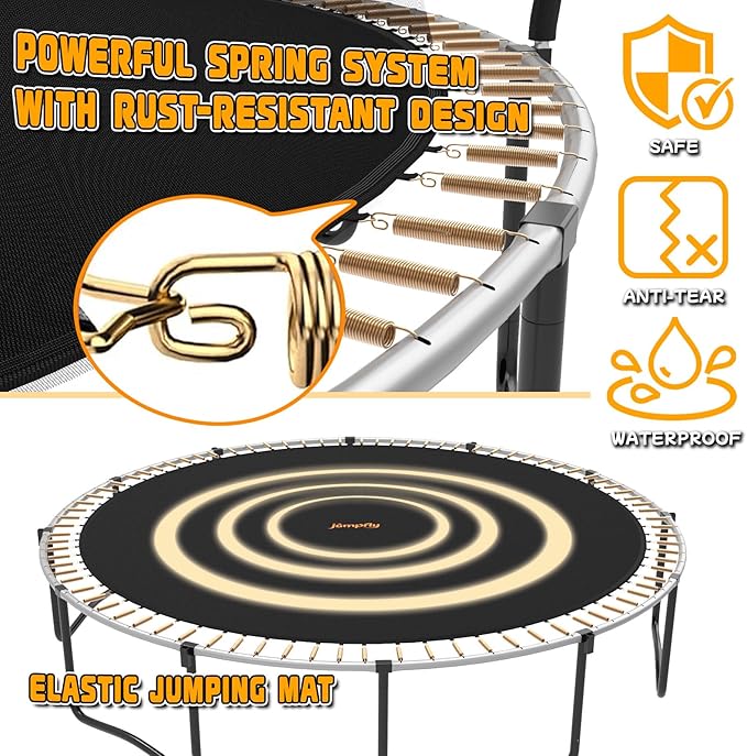 jumpfly Tranpoline 8/10/12/14/15/16FT Tranpoline Outdoor for Kids and Adults Recreational Tranpolines with Basketball Hoop, Anti-Rust Ladder, ASTM Approved