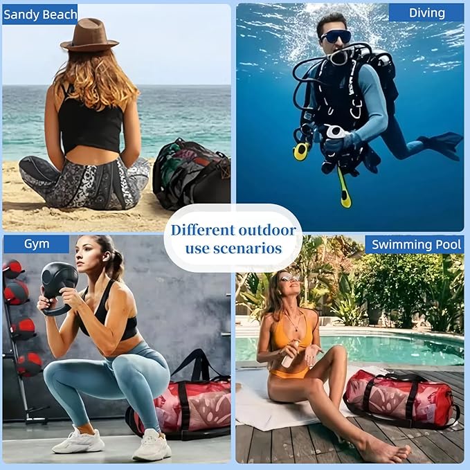 Diving Scuba Surfing Snorkeling Dive Mesh Beach Bag Duffle Bags with Zipper and Adjustable Shoulder Strap 43L and 113L Options for Travel Fitness Camping Swim Gym Gears Balls