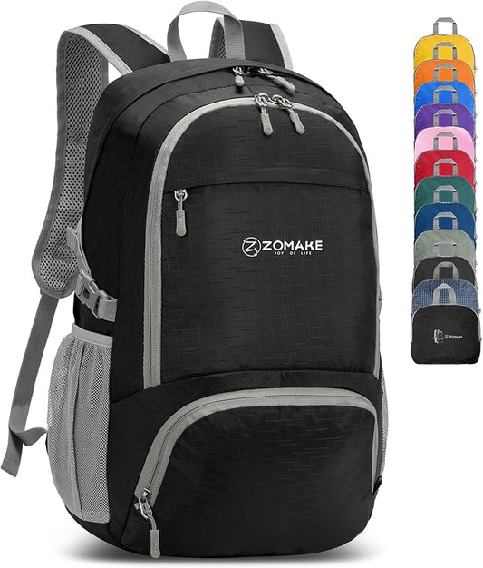 ZOMAKE Lightweight Packable Backpack 30L, Foldable Hiking Backpacks Water Resistant Compact Folding Daypack for Travel(Pure Black)