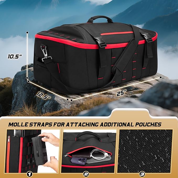 65L Tactical Duffle Bag Gym Bag with Backpack Straps, Wet Pocket and Detachable Dividers, Duffle Backpack for Travel, Sports and Military, Black