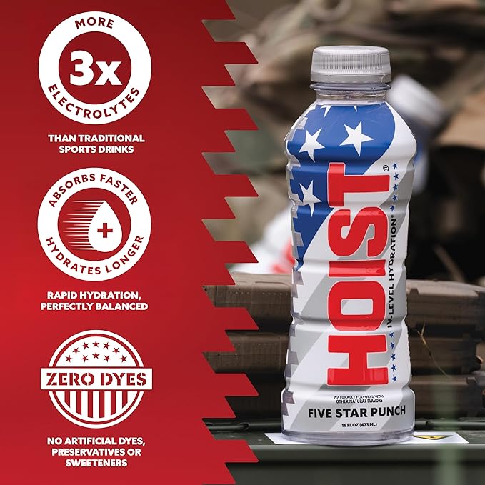 HOIST Premium Military Hydration Electrolyte Drink, Powerful IV-Level Hydration, Clinically Proven Dye Free Performance Drink, Five Star Punch, 16 Fl Oz (Pack of 12)