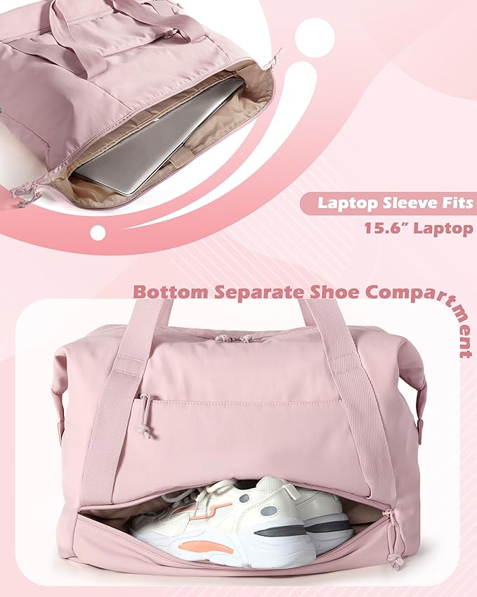 Travel Duffle Bag with Shoe Compartment and Laptop Sleeve for Women, Lightweight Weekender Duffel Bag for Travel, Gym, Hospital Labor Delivery, Pink