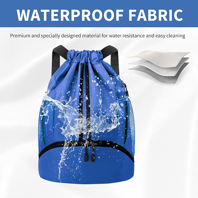 Drawstring Backpack Gym Bag with Shoes Compartment for Soccer, Basketball, Swim, Water-Resistant String Backpack Beach Cinch for Women Men, Blue, Medium